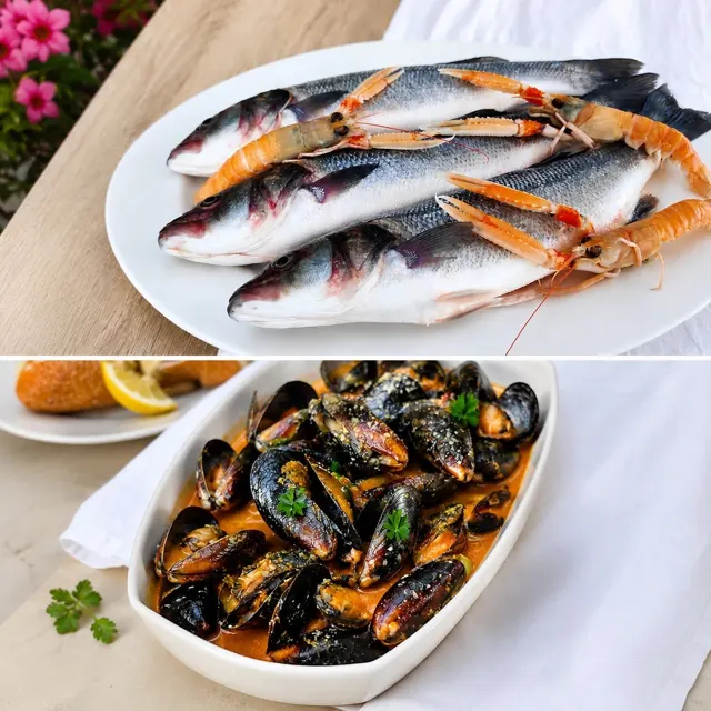 Fresh catch of the day with mussels alla buzara