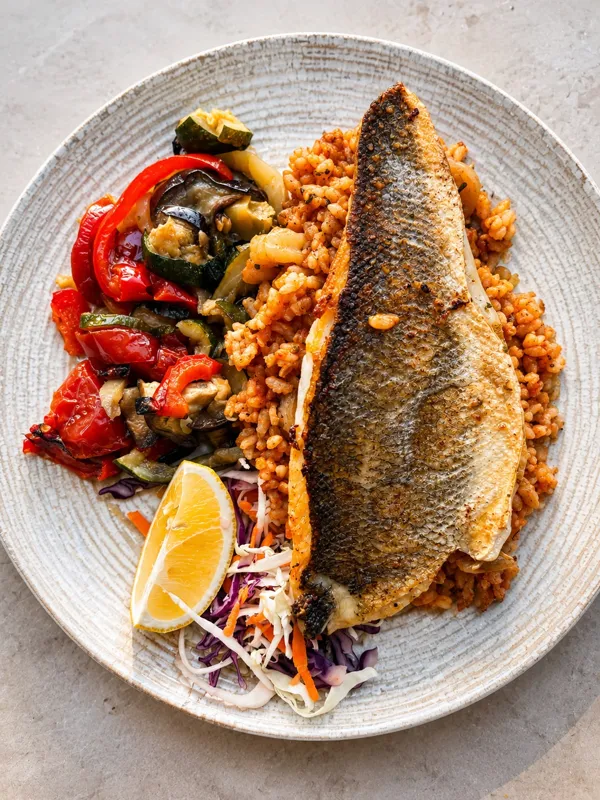 Sea bass fillet stuffed with prawn risotto